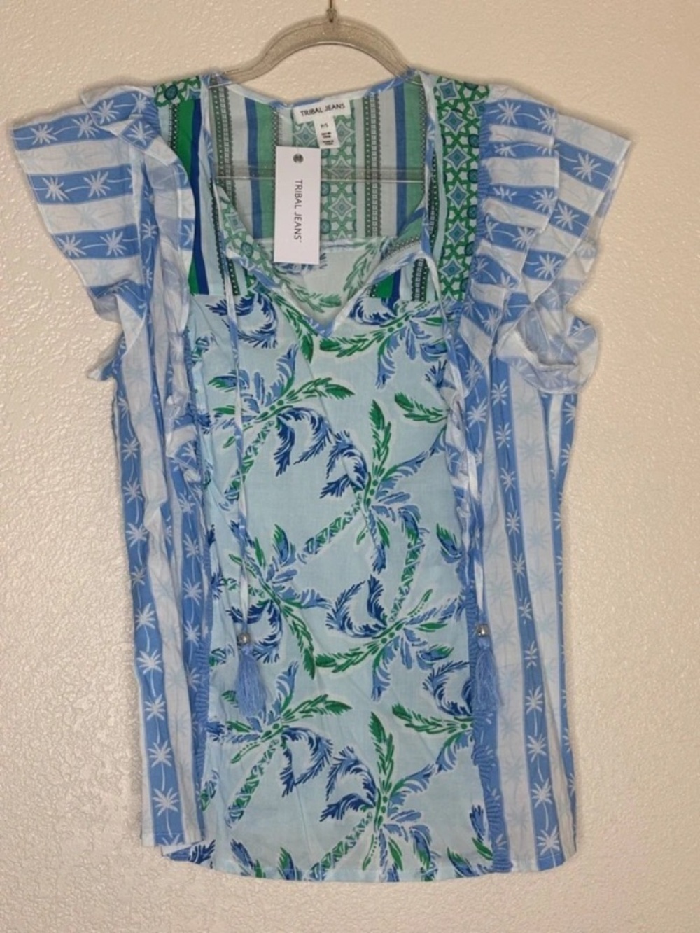 Tribal Jeans Petite Small Tropical Palm Print Ruffle Blouse Tassel Tie NWT